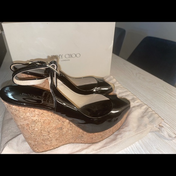 Jimmy Choo Black Patent Leather Espadrille Wedges Size 40 - Picture 4 of 9